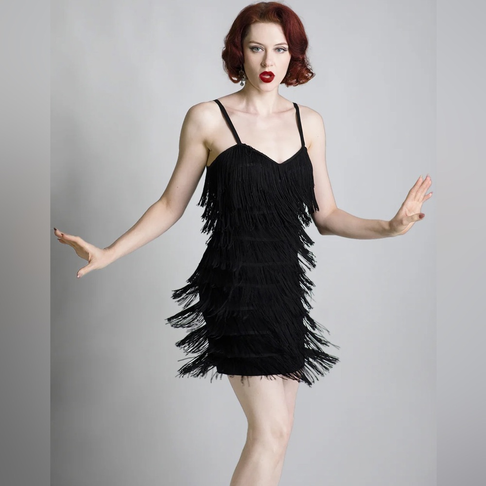 TRASHY DIVA Zelda flapper fringe lbd black dress sz 12 pinup retro